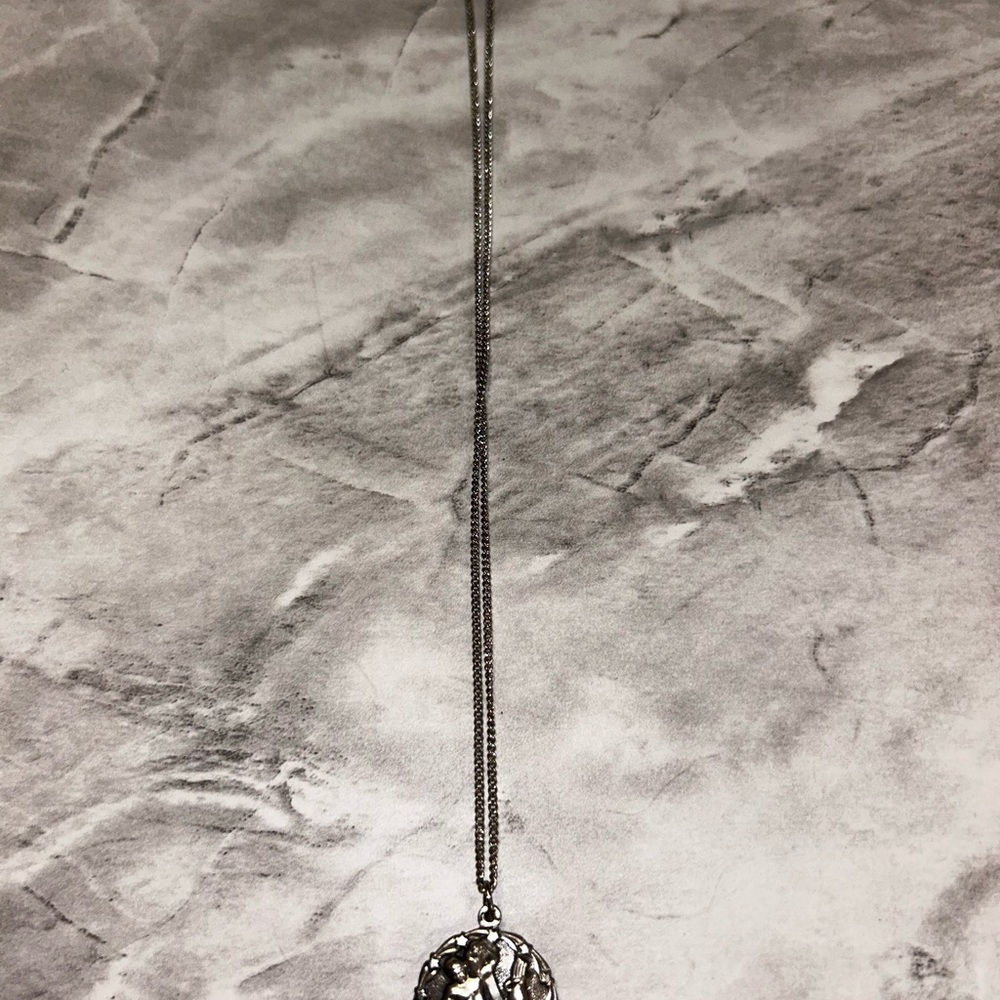 Religious Silver Tone Pendant Necklace